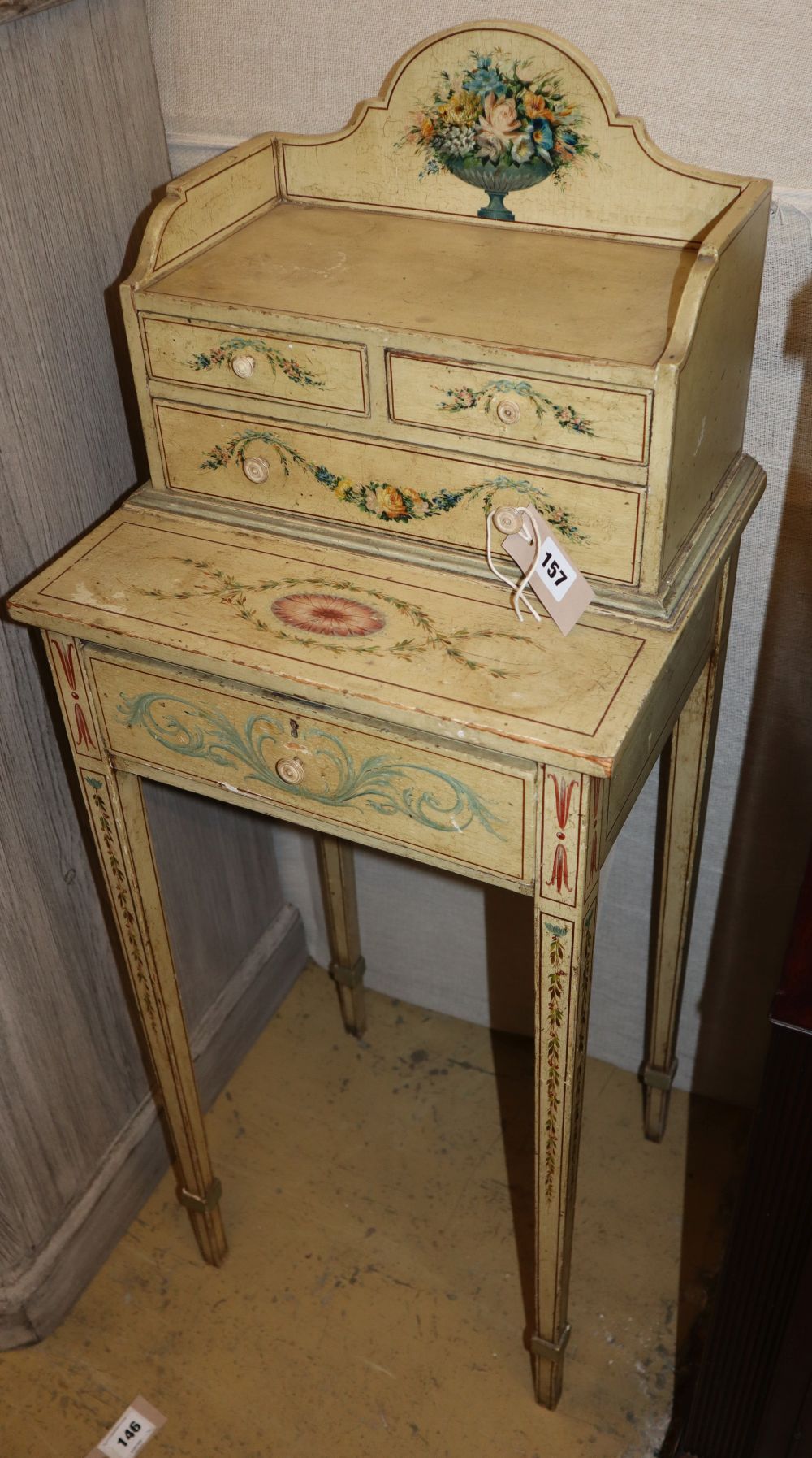A small painted Sheraton style bonheur du jour, c.1820, W.38cm, D.32cm, H.101cm